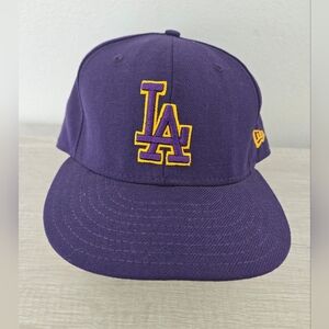LA Dodgers New Era Fitted Hat 7 5/8 Lakers Cap 59Fifty Black Purple Gold Wool Lo